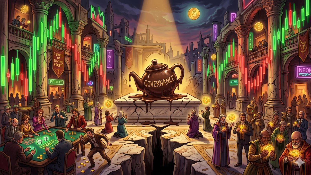 Illustration: a chocolate teapot labelled &lsquo;Governance&rsquo; enthroned in the glittering DeFi bazaar
