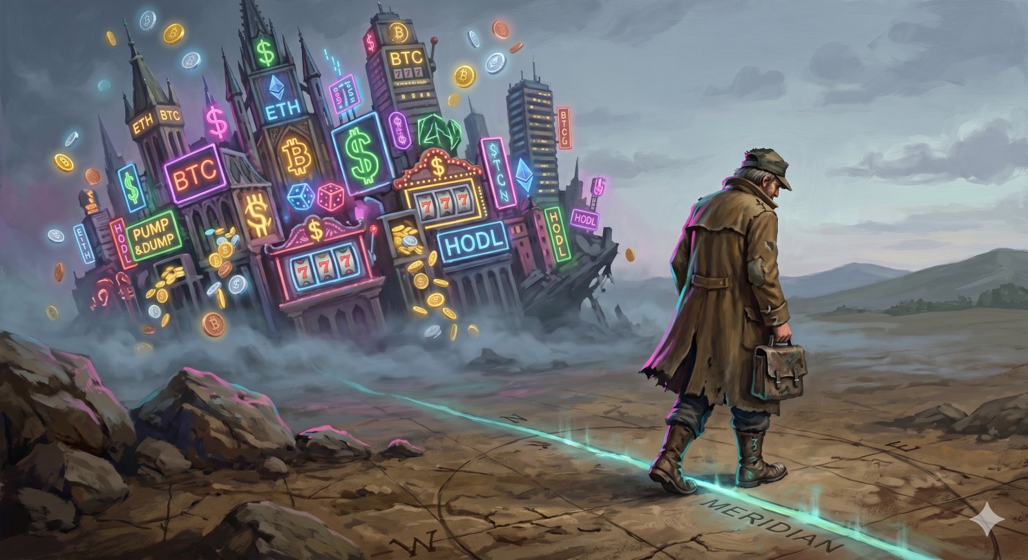 Illustration: a lone figure crosses the Vantasner Danger Meridian, walking calmly away from the neon crypto casino-city